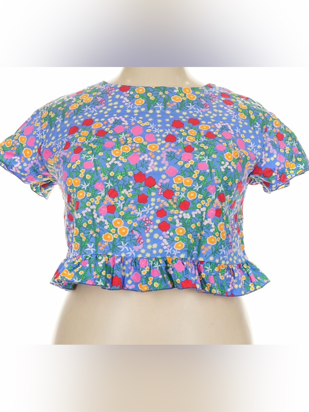 Nooworks Blue Floral Ruffle-Hem Crop Top